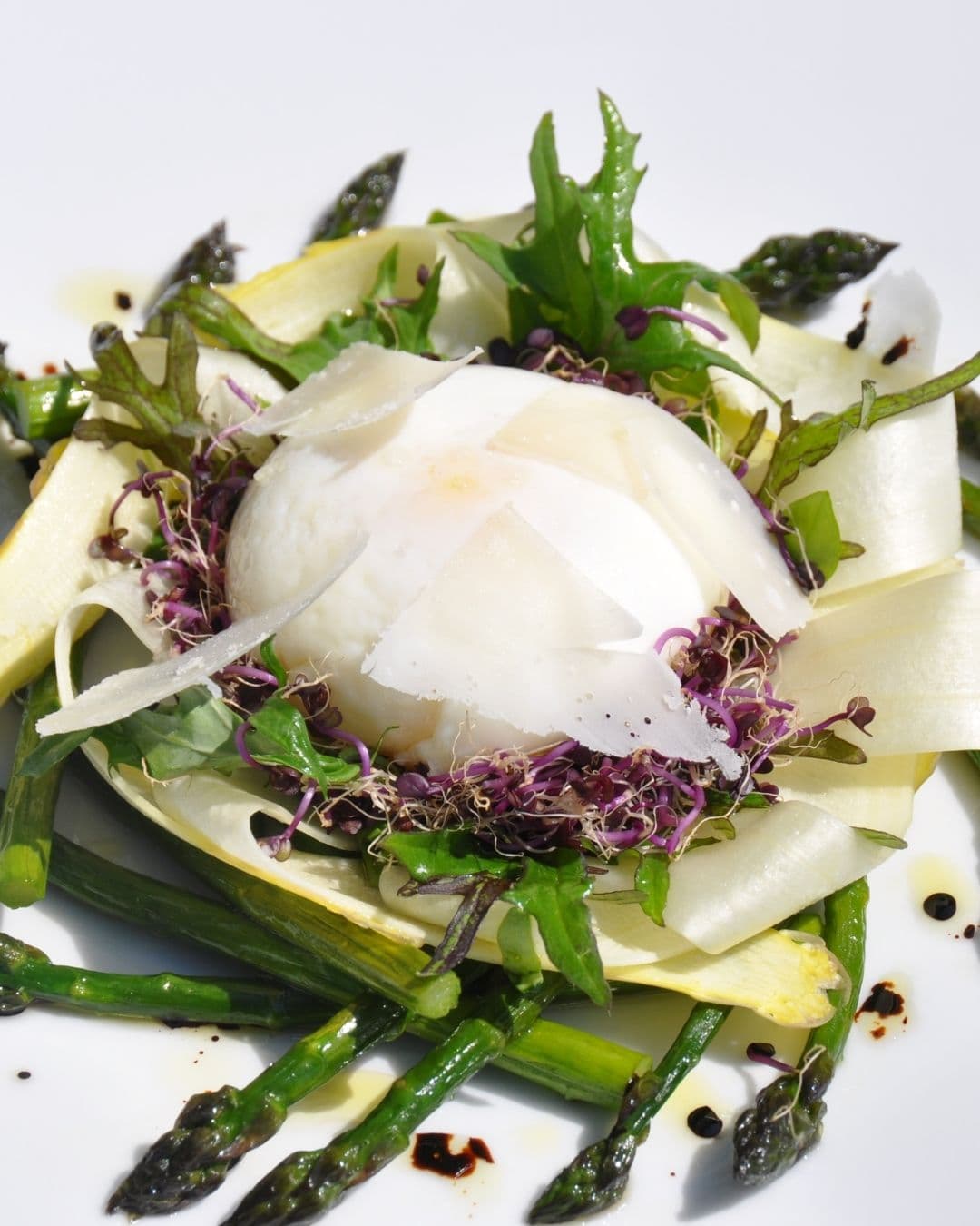Green & White Asparagus Nest with Burrata and Pistachios