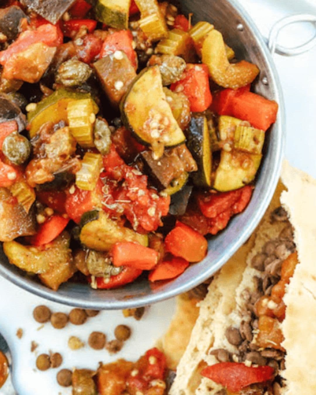 Colorful Caponata with Lentils in Warm Pita