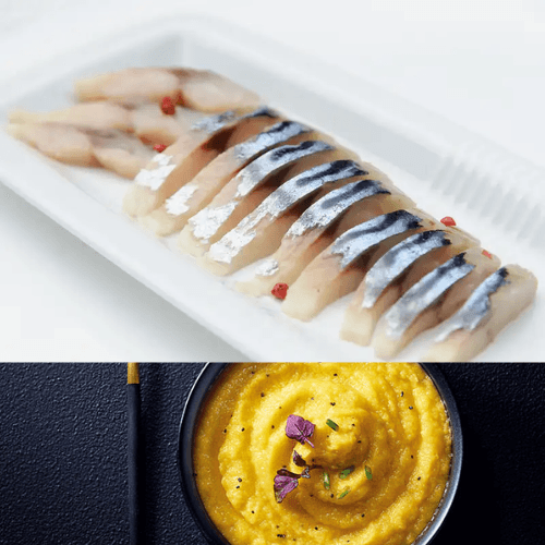 Mackerel Sashimi with Carrot & Coconut Purée