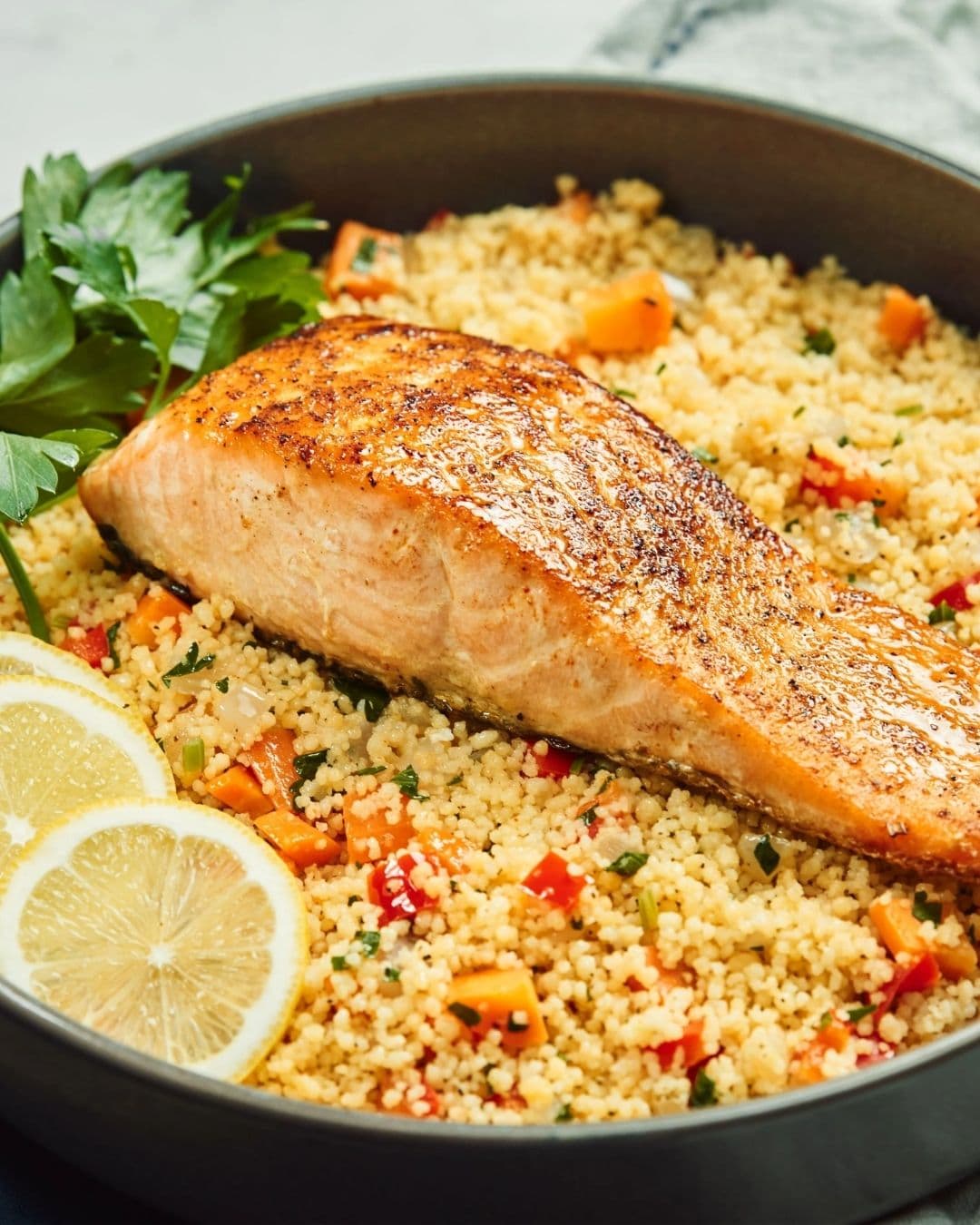 Grilled salmon with lemon couscous